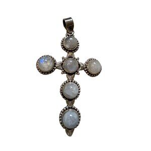 Lg Artisan Moonstone Sterling Silver Cross Pendant Bail Southwestern